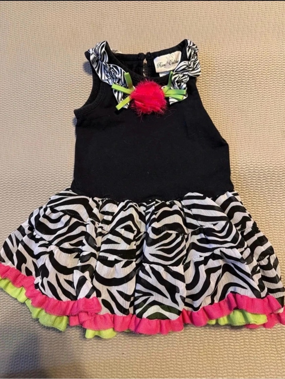 Rare Editions Black Zebra-Print Ruffle Dress with Pink & Lime Trim